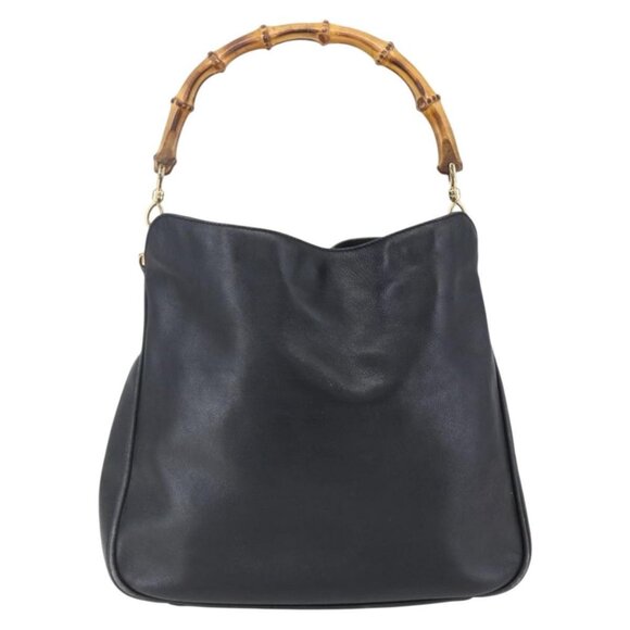 GUCCI Bamboo Shoulder Bag Leather 2way Black Gold - Picture 3 of 16